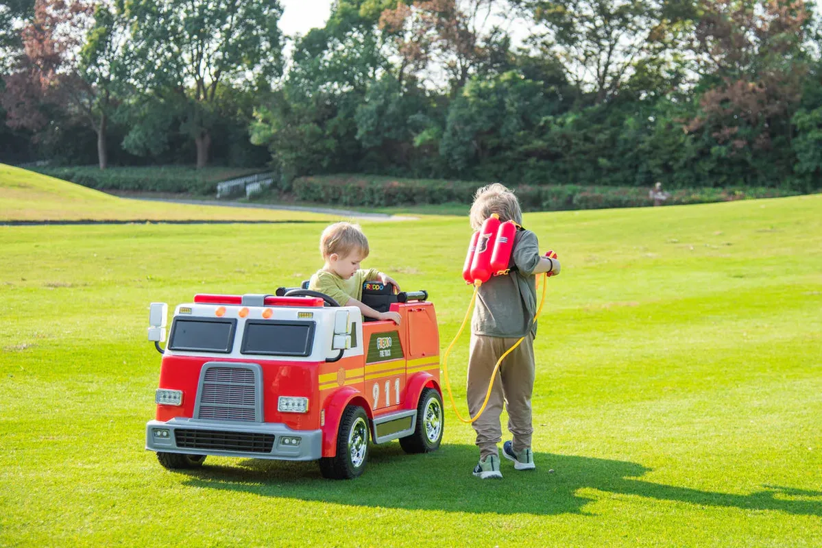 Heavy Duty 24V Fire Truck 2 Seater Kids Ride On Car | Leather Seat | Eva Rubber Tires | Water Gun |