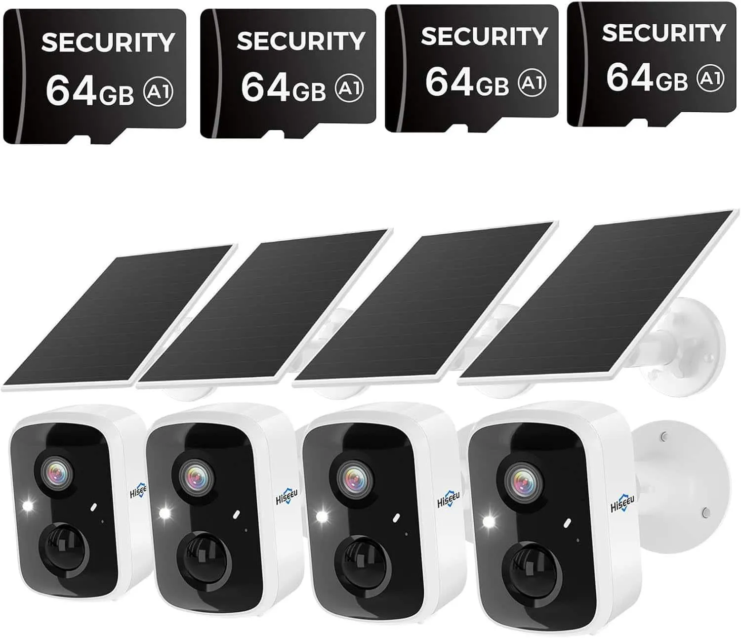 Hiseeu 4pcs Solar Powered Security Cameras 4pcs 64G SD Cards