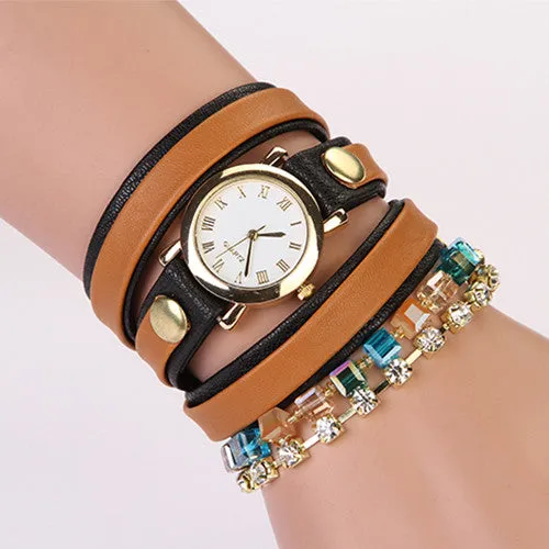 Hot Sale Summer Fashion Latest Popular Hawaiian Style Sparkling Rhinestone Leather Chain Quartz Watches Women Wristwatch