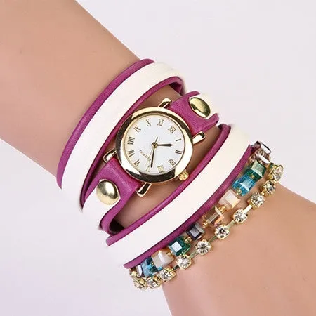 Hot Sale Summer Fashion Latest Popular Hawaiian Style Sparkling Rhinestone Leather Chain Quartz Watches Women Wristwatch