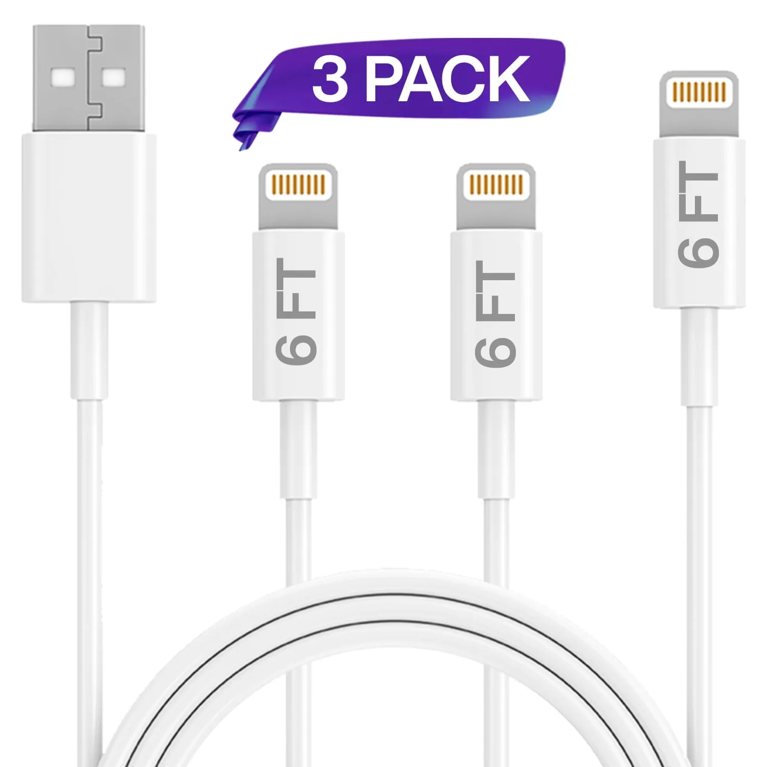 iPhone Charger Lightning Cable - Ixir, 3 Pack 6FT USB Cable, Compatible with Apple iPhone Xs,Xs Max,XR,X,8,8 Plus,7,7 Plus,6S,6S Plus,iPad Air,Mini/iPod Touch/Case, Charging & Syncing Cord