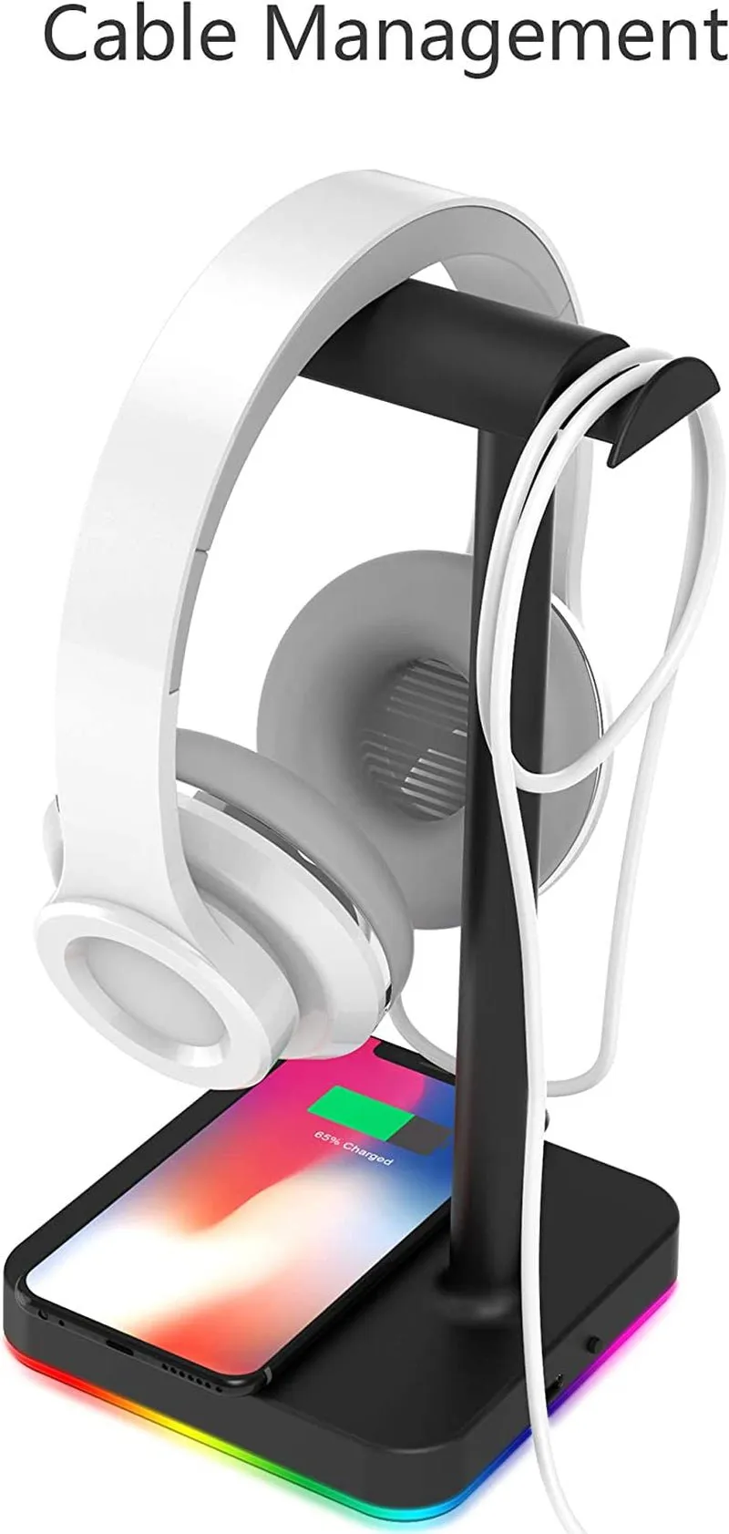 KAFRI RGB Headphone Stand with Wireless Charger Desk Gaming Headset Holder Hanger Rack with 10W/7.5W Fast Charge QI Wireless Charging Pad - Suitable for Gamer Desktop Table Game Earphone Accessories