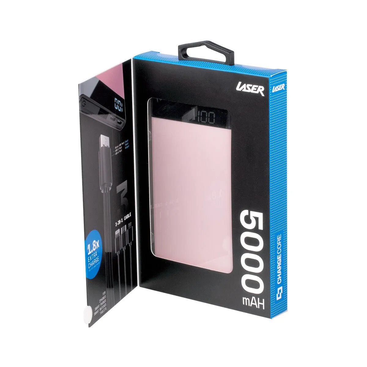 Laser 5000mAh Power Bank with 3-in-1 Cable Black/Blue/Pink/White