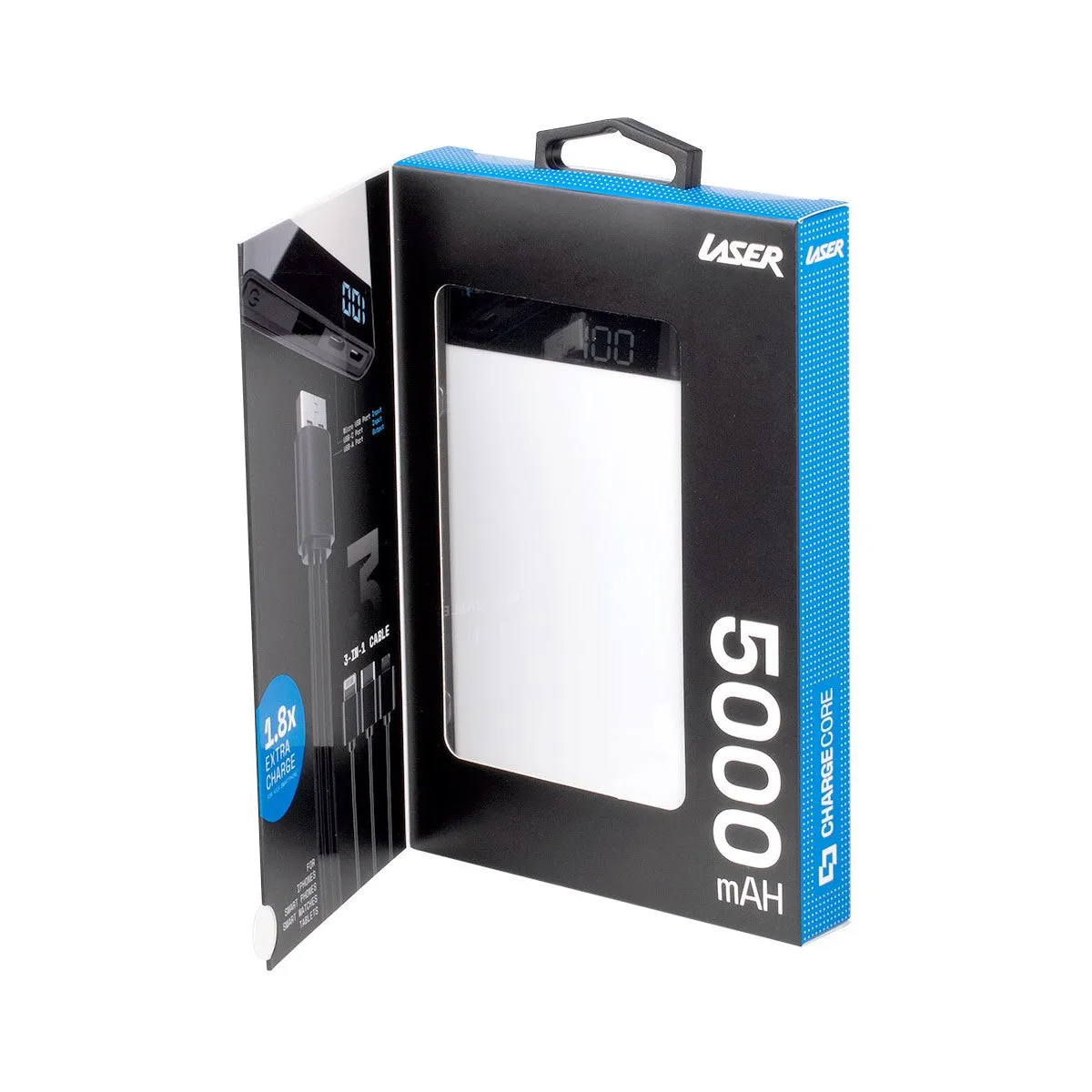 Laser 5000mAh Power Bank with 3-in-1 Cable Black/Blue/Pink/White