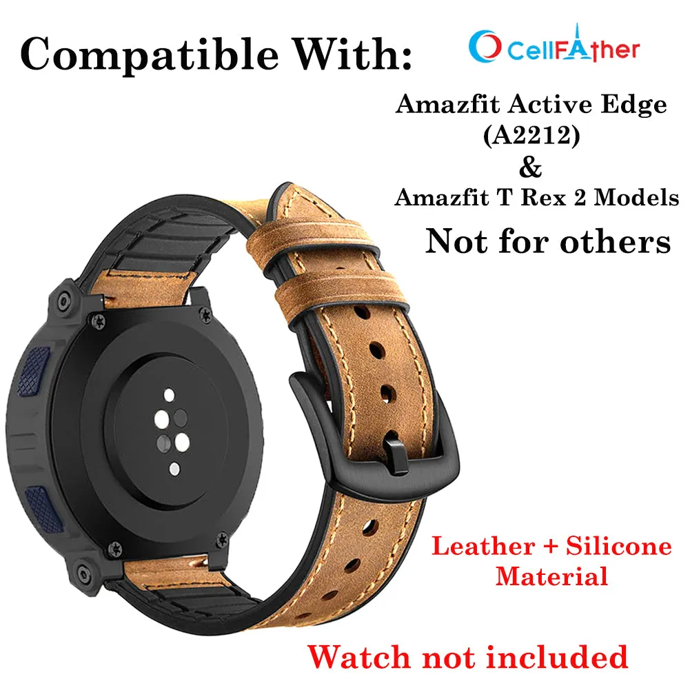 Leather silicone Straps for Amazfit Active Edge A2212 | Amazfit T Rex 2 straps- Brown