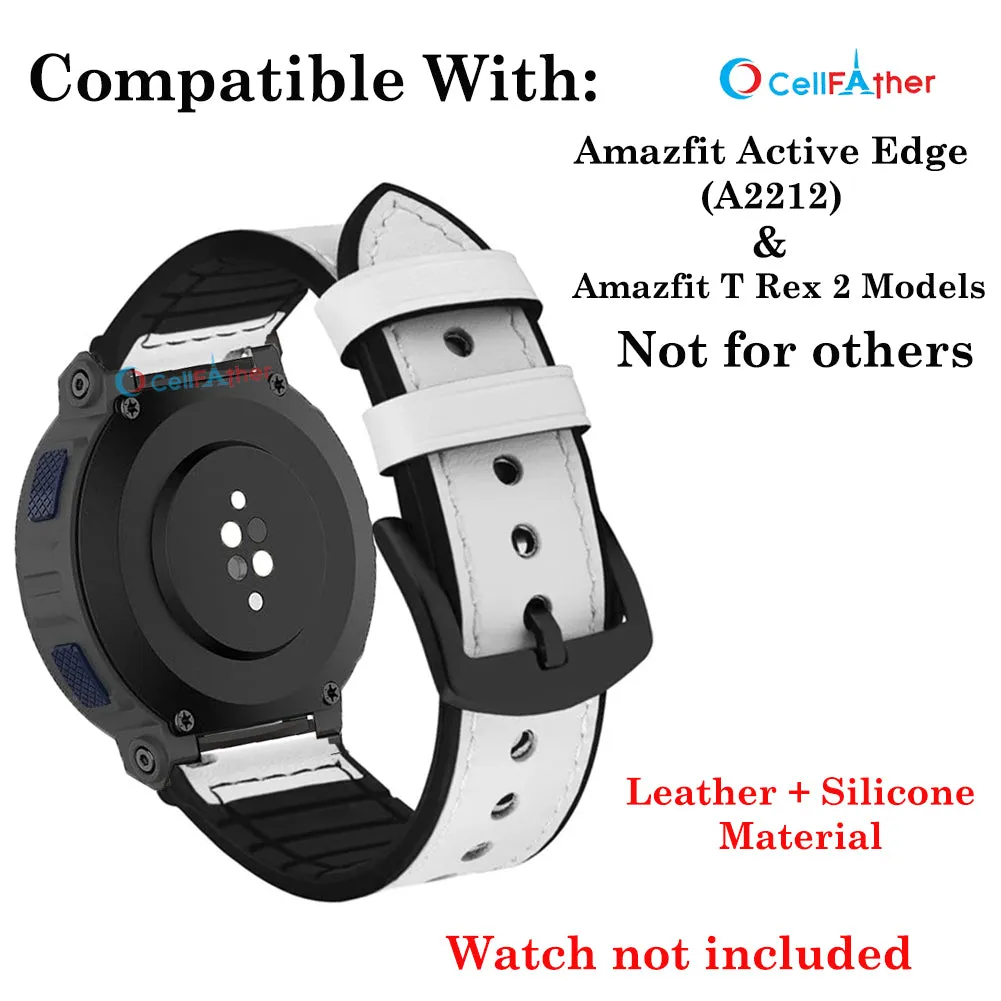 Leather silicone Straps for Amazfit Active Edge A2212, Amazfit T Rex 2 straps- White