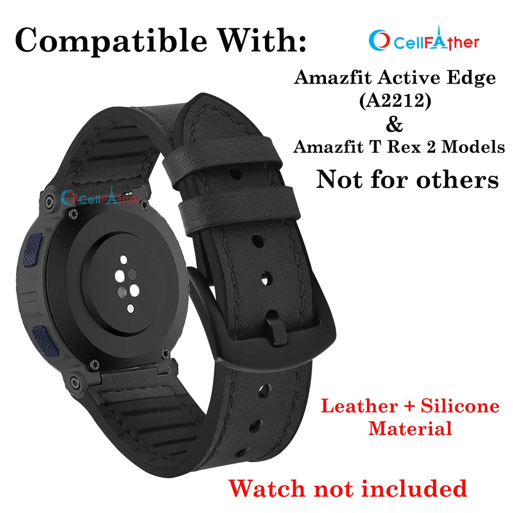 Leather Silicone Straps for Amazfit T Rex 2, Amazfit Active Edge A2212 straps- Black