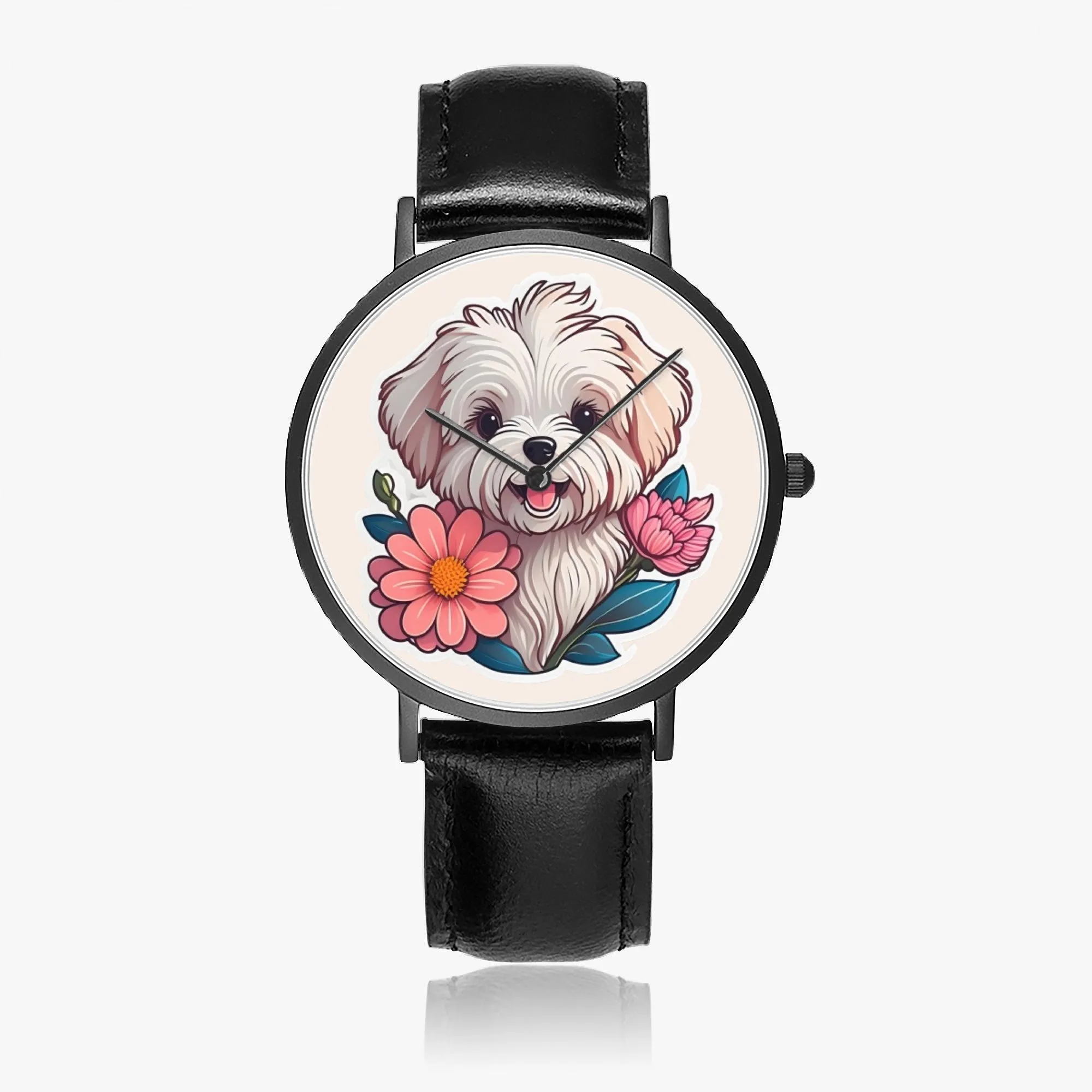 Maltese Pup Thin Leather Strap Quartz Watch