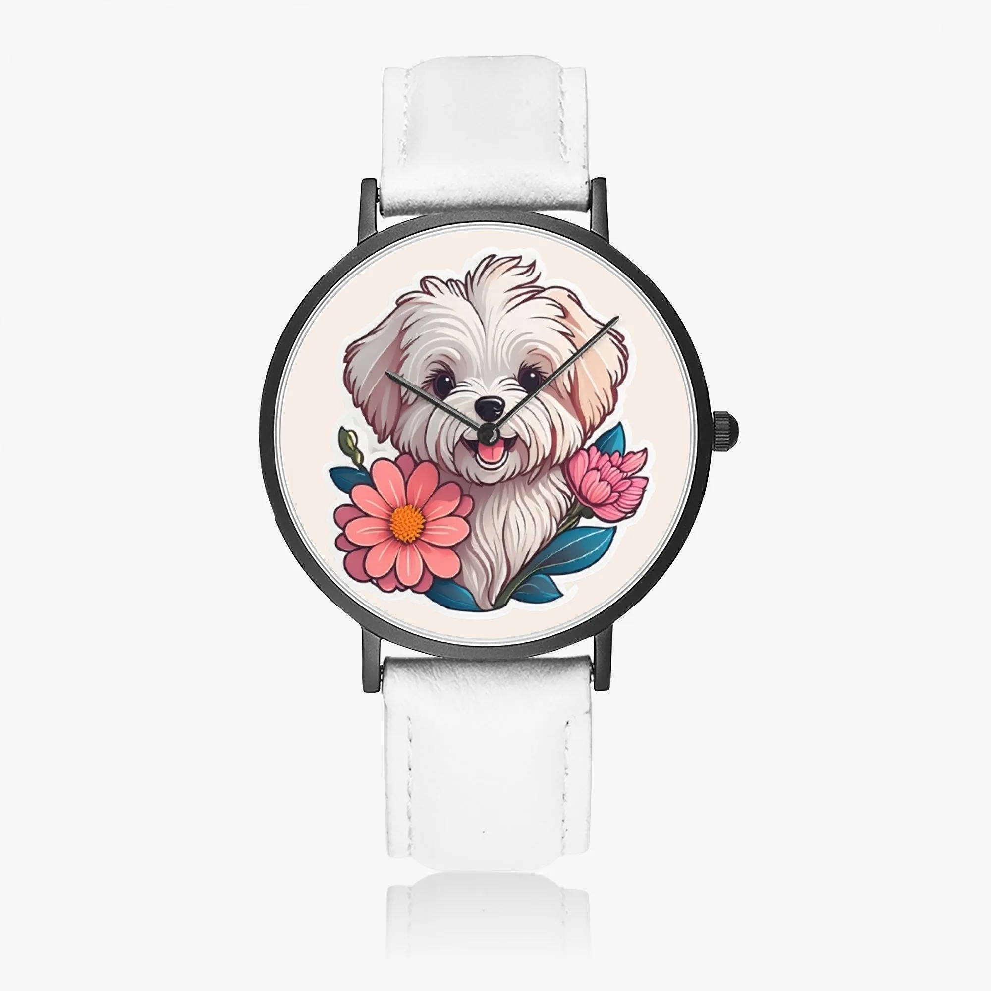 Maltese Pup Thin Leather Strap Quartz Watch