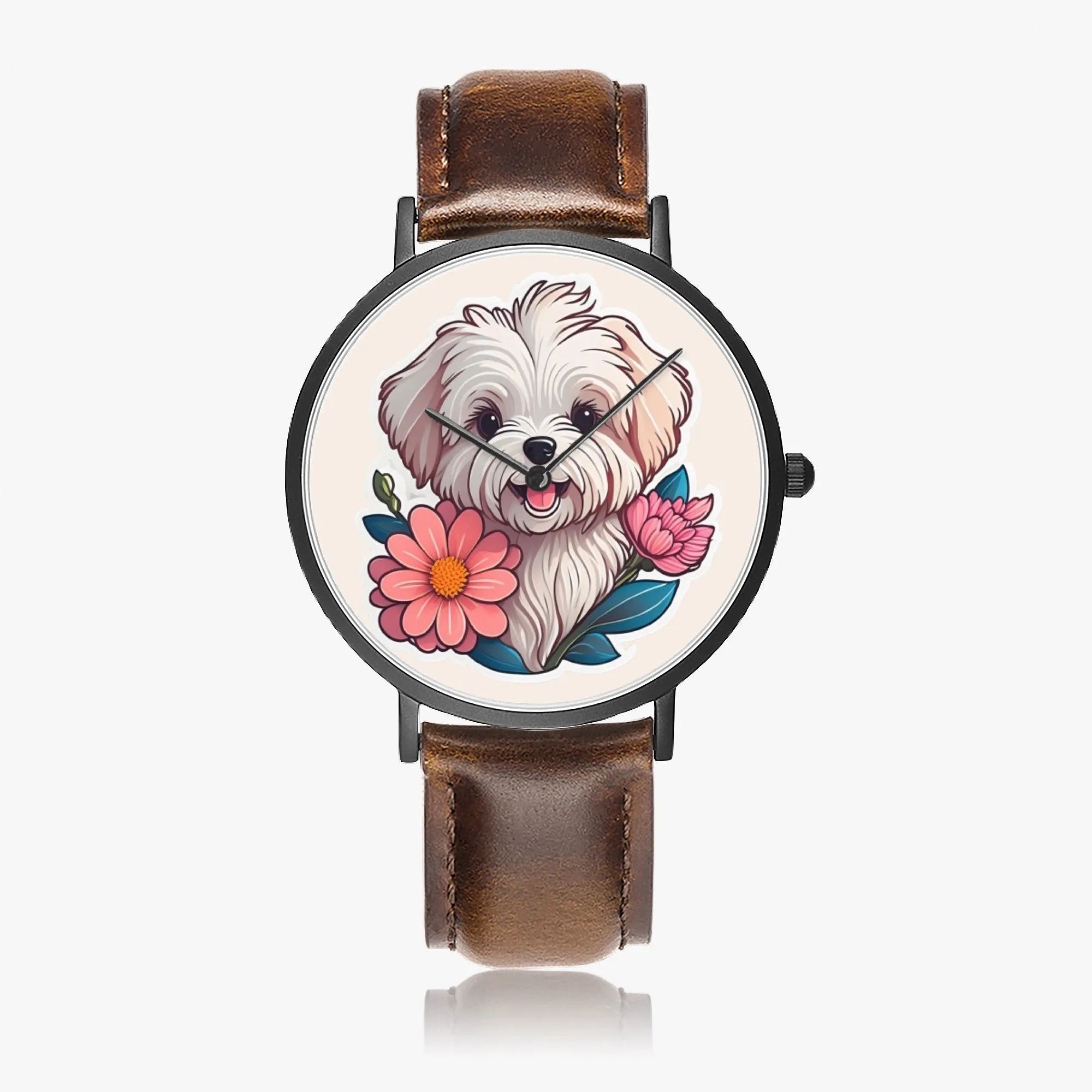 Maltese Pup Thin Leather Strap Quartz Watch