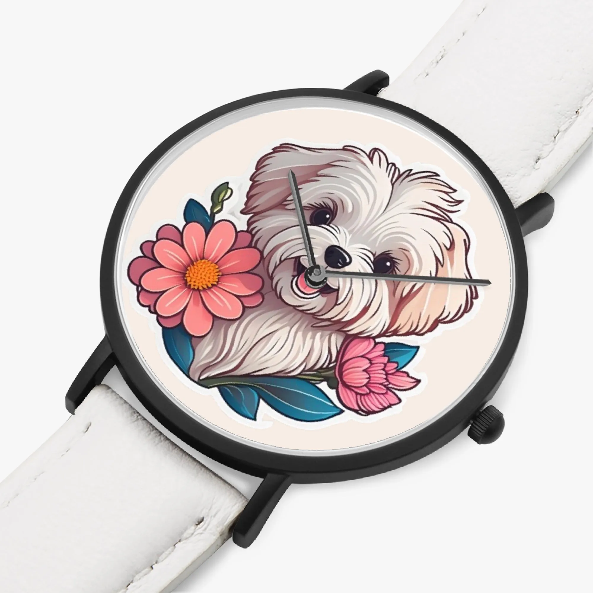 Maltese Pup Thin Leather Strap Quartz Watch