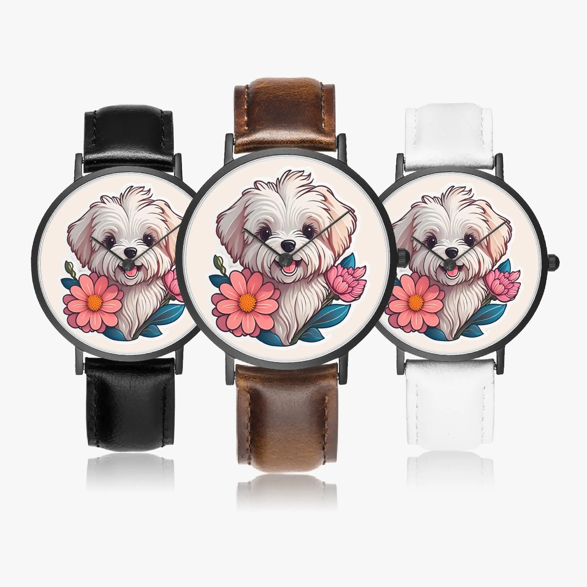 Maltese Pup Thin Leather Strap Quartz Watch