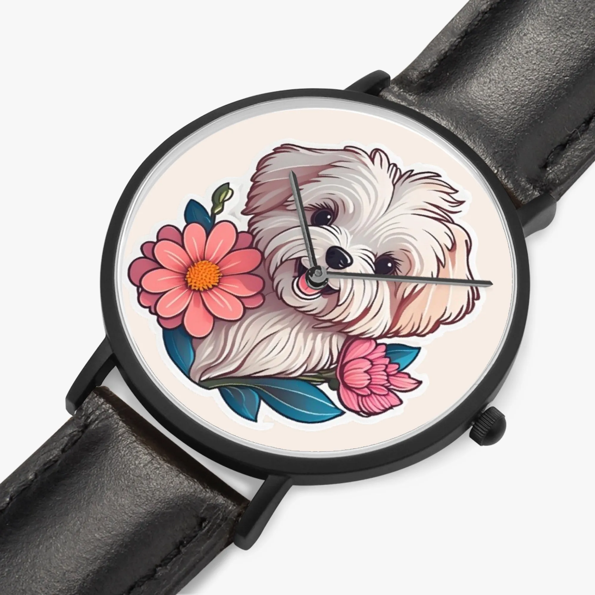 Maltese Pup Thin Leather Strap Quartz Watch