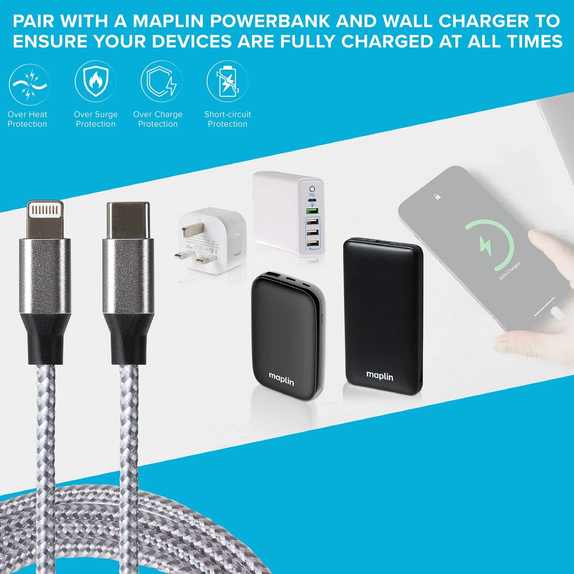 Maplin Lightning to USB-C 20W Fast Charging Braided Cable - Silver, 2m