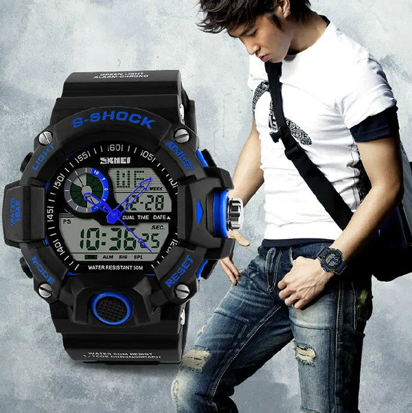 Men Sports Watches 2 Time Zone Digital Quartz Watch Dive 50M Waterproof LED Electronic Multifunctional Military Wristwatch