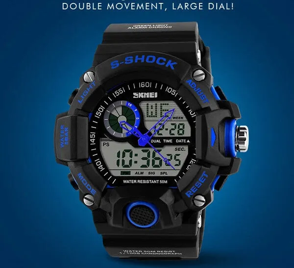 Men Sports Watches 2 Time Zone Digital Quartz Watch Dive 50M Waterproof LED Electronic Multifunctional Military Wristwatch