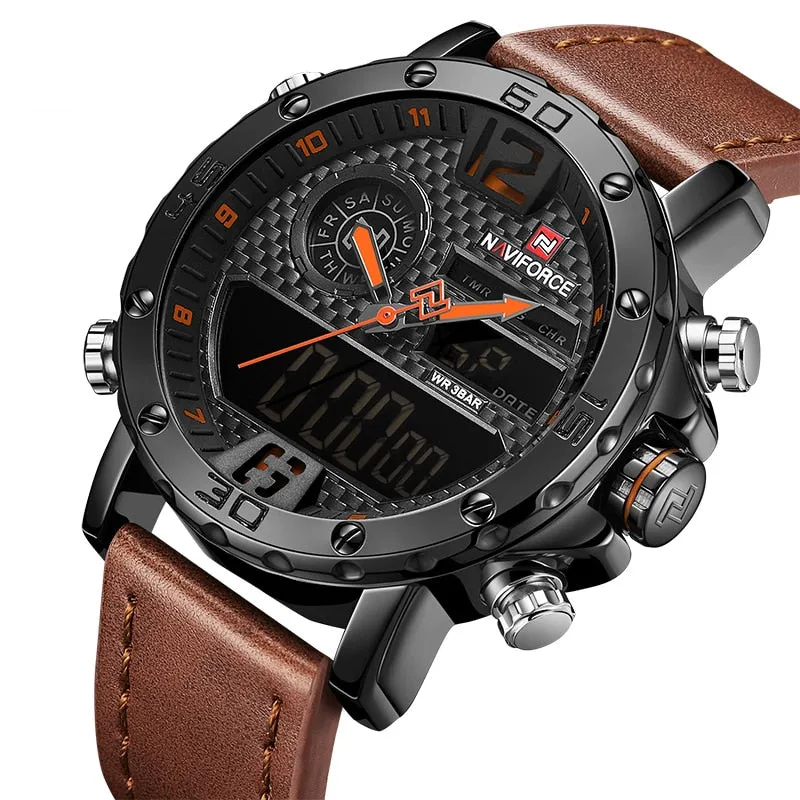 Men's Quartz LED Digital Leather Watches - Waterproof Military Wrist Watch