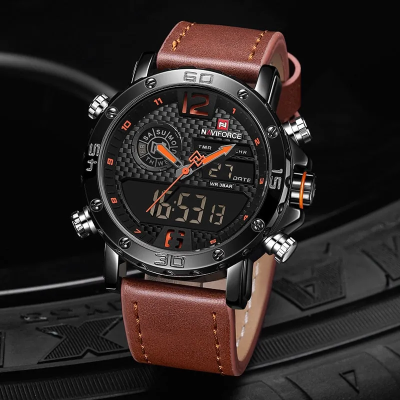 Men's Quartz LED Digital Leather Watches - Waterproof Military Wrist Watch