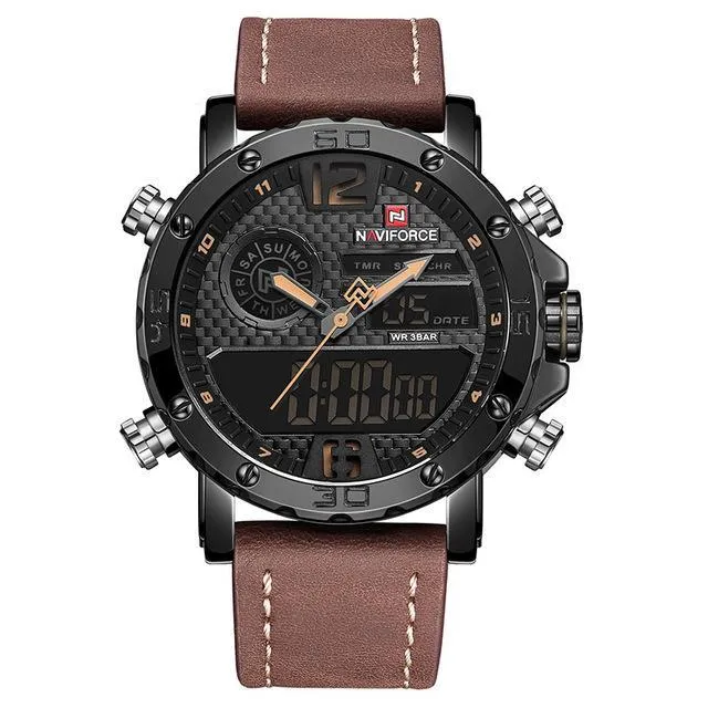 Men's Quartz LED Digital Leather Watches - Waterproof Military Wrist Watch