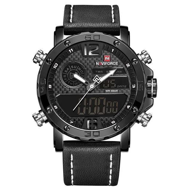 Men's Quartz LED Digital Leather Watches - Waterproof Military Wrist Watch