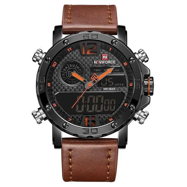 Men's Quartz LED Digital Leather Watches - Waterproof Military Wrist Watch