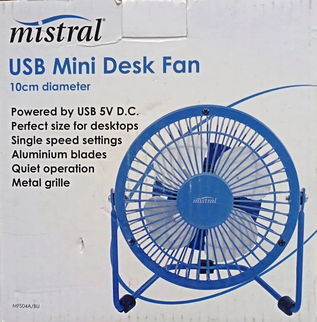 Mistral 10cm Portable Mini USB Desk Fan with  Aluminum Blades - Blue