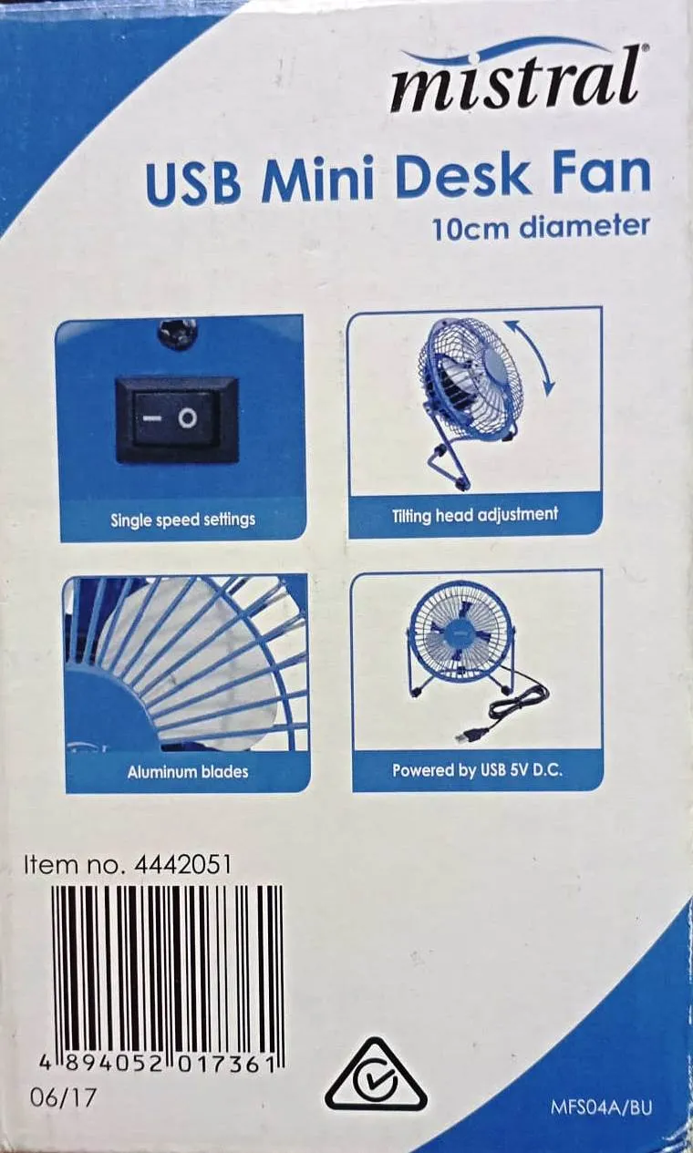 Mistral 10cm Portable Mini USB Desk Fan with  Aluminum Blades - Blue