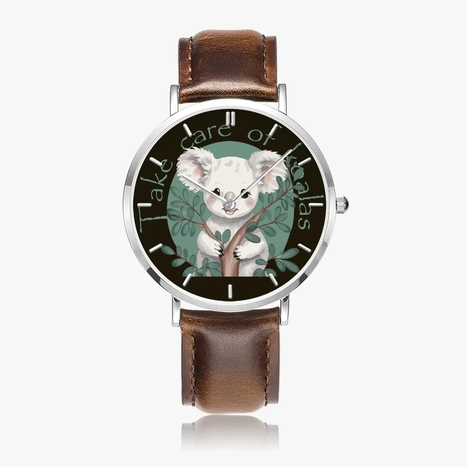 Montre à Quartz avec bracelet en cuir ultra-fin (argent avec indicateurs) "Take care of Koalas" (165)