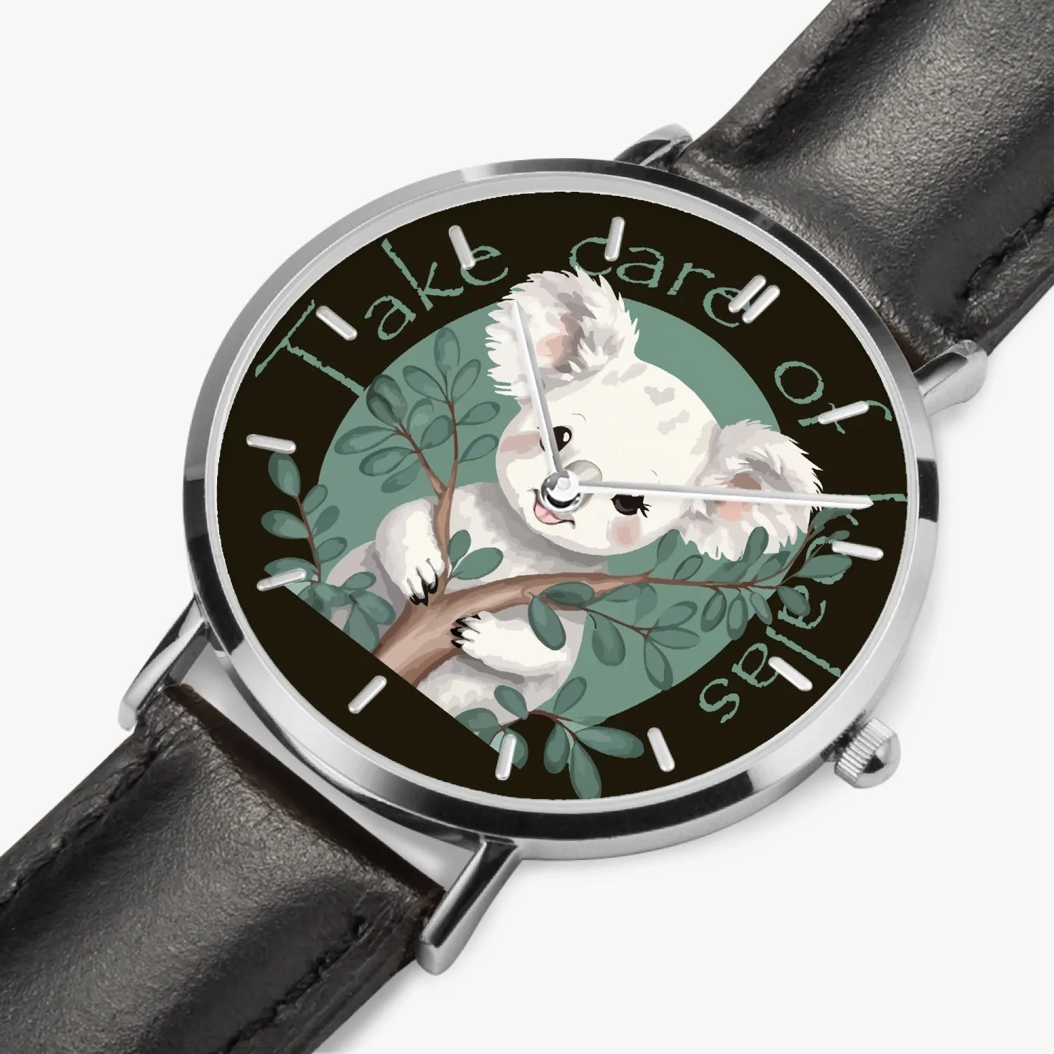 Montre à Quartz avec bracelet en cuir ultra-fin (argent avec indicateurs) "Take care of Koalas" (165)