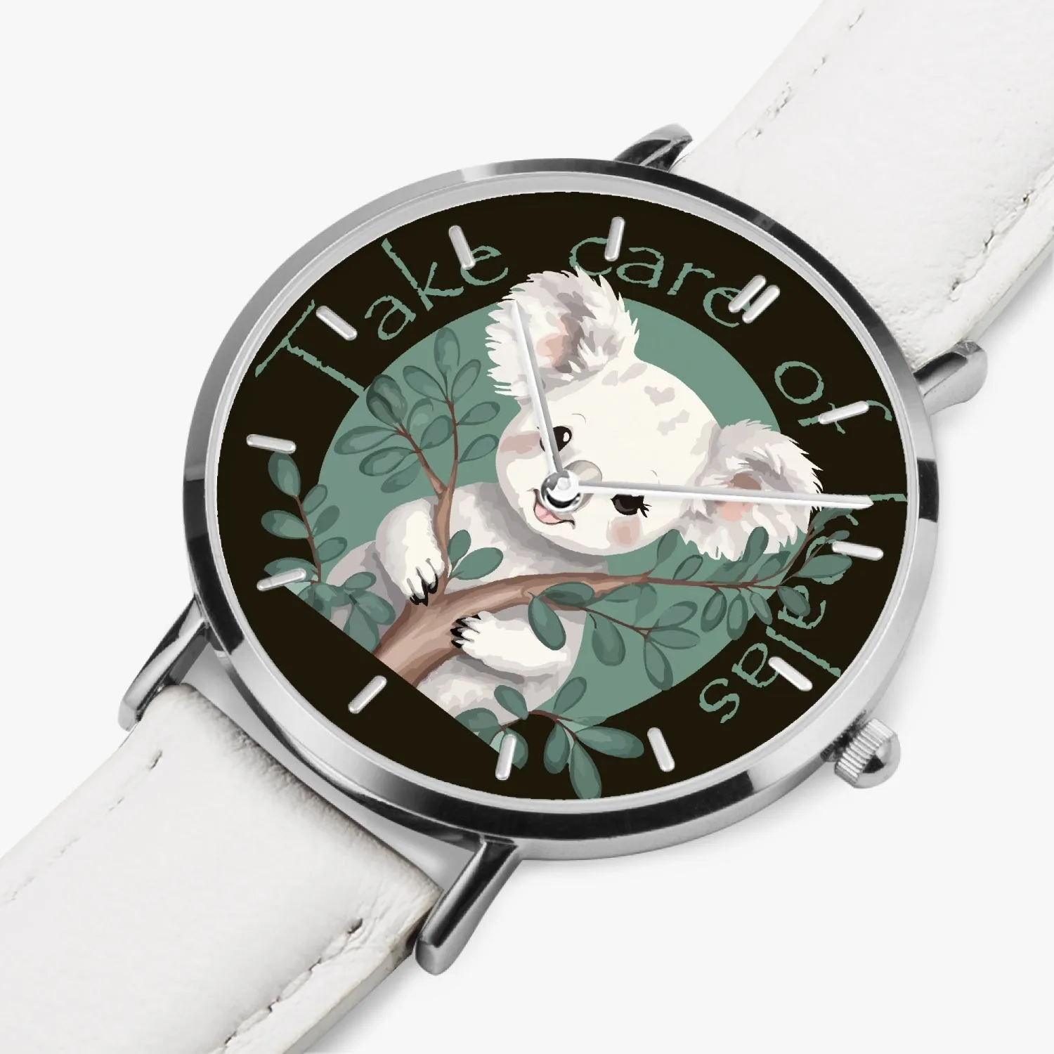 Montre à Quartz avec bracelet en cuir ultra-fin (argent avec indicateurs) "Take care of Koalas" (165)