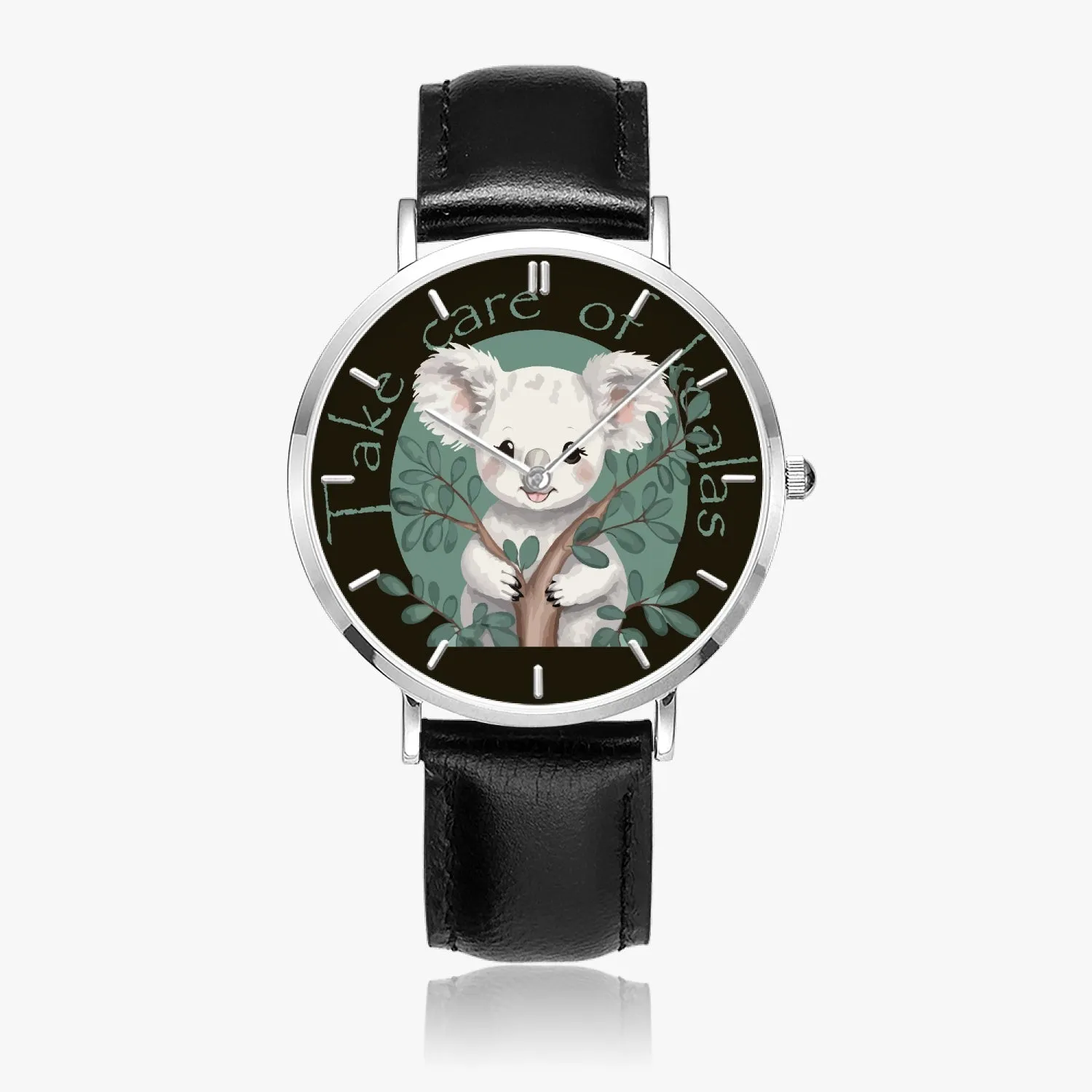 Montre à Quartz avec bracelet en cuir ultra-fin (argent avec indicateurs) "Take care of Koalas" (165)