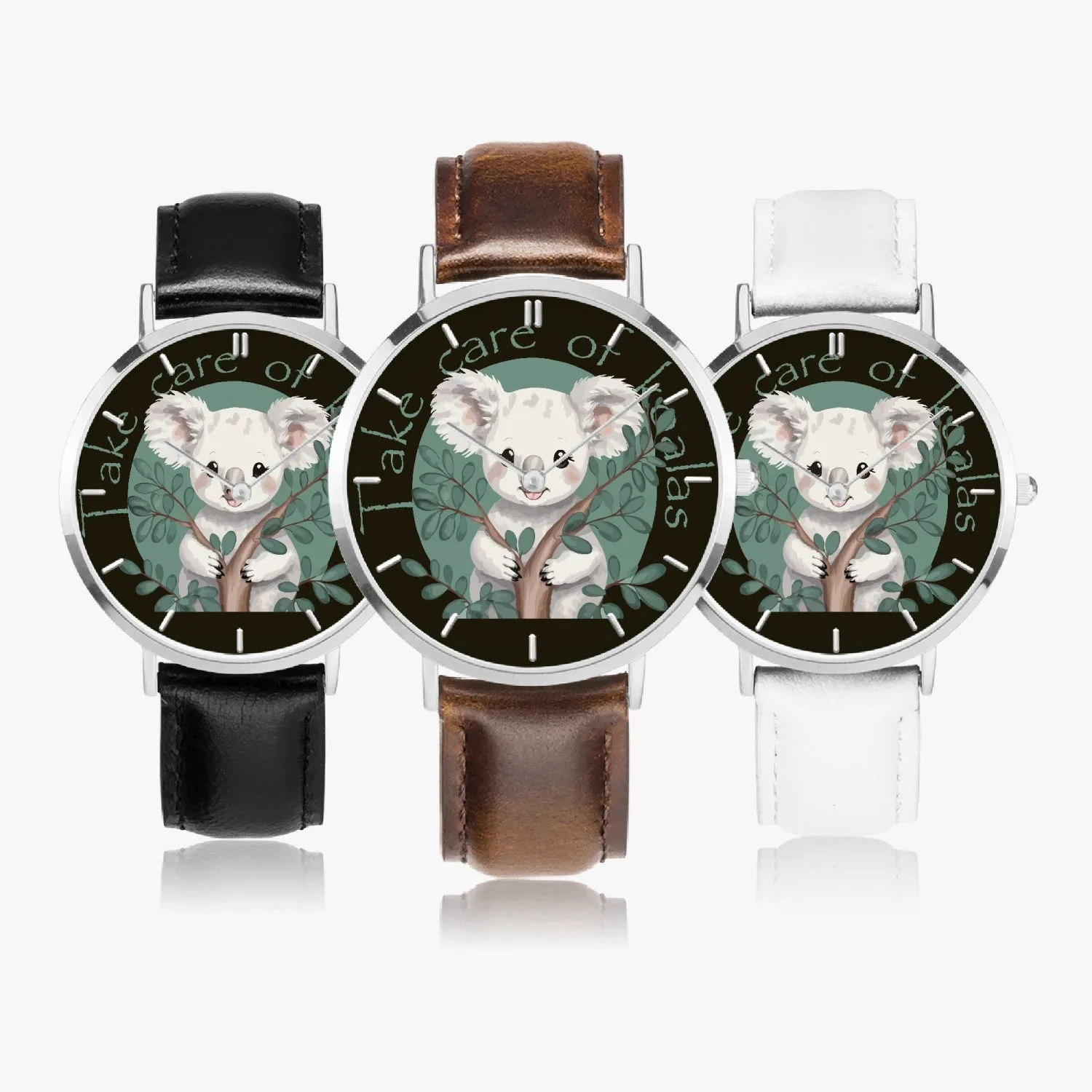 Montre à Quartz avec bracelet en cuir ultra-fin (argent avec indicateurs) "Take care of Koalas" (165)