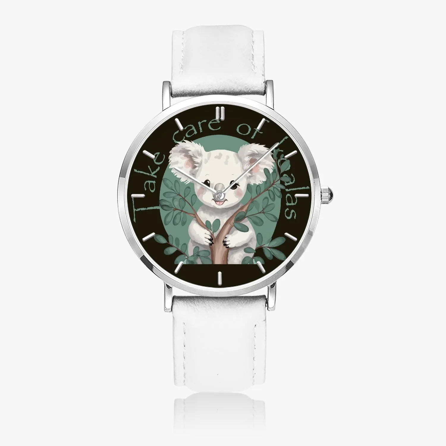 Montre à Quartz avec bracelet en cuir ultra-fin (argent avec indicateurs) "Take care of Koalas" (165)