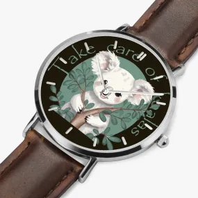 Montre à Quartz avec bracelet en cuir ultra-fin (argent avec indicateurs) "Take care of Koalas" (165)