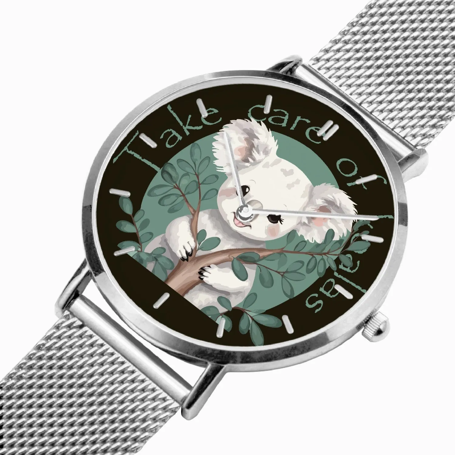 Montre à Quartz avec bracelet en cuir ultra-fin (argent avec indicateurs) "Take care of Koalas" (165)