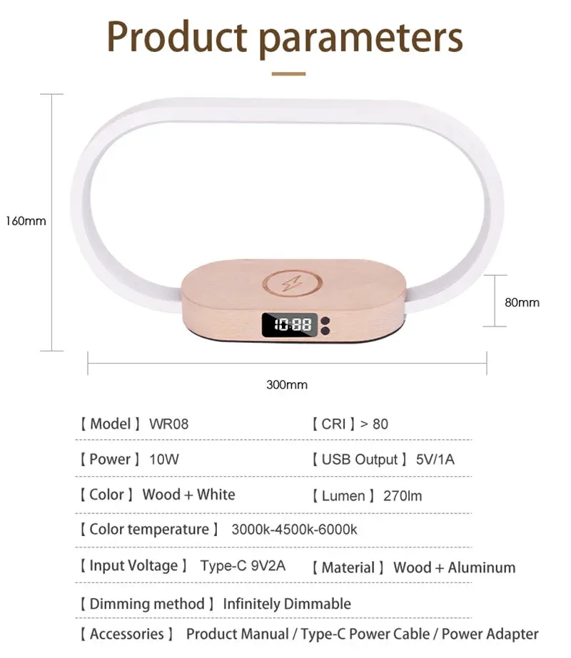 Multifunction Wireless Charger Pad Stand Clock LED Desk Lamp Night Light USB Port Fast Charging Station Dock for iPhone Samsung