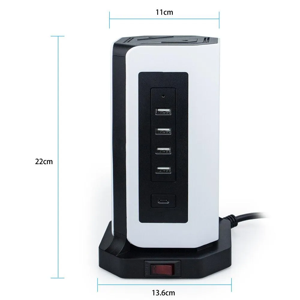 Multiple Vertical Power Strip EU Electrical Plug Outlet 9 Way Socket Tower USB-C Ports 2m Cable Surge Short Circuit Protection