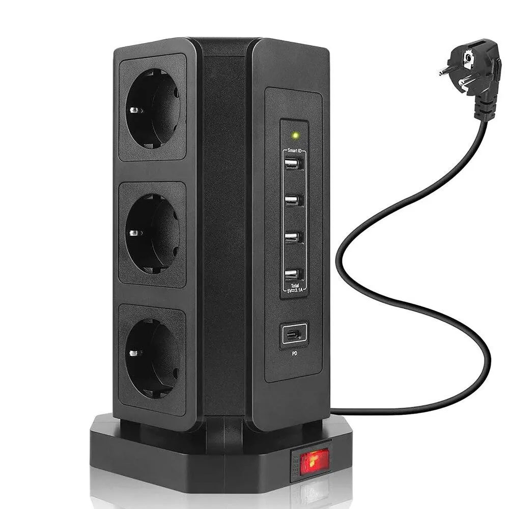 Multiple Vertical Power Strip EU Electrical Plug Outlet 9 Way Socket Tower USB-C Ports 2m Cable Surge Short Circuit Protection