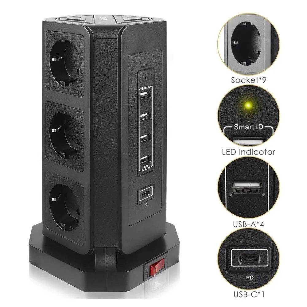 Multiple Vertical Power Strip EU Electrical Plug Outlet 9 Way Socket Tower USB-C Ports 2m Cable Surge Short Circuit Protection