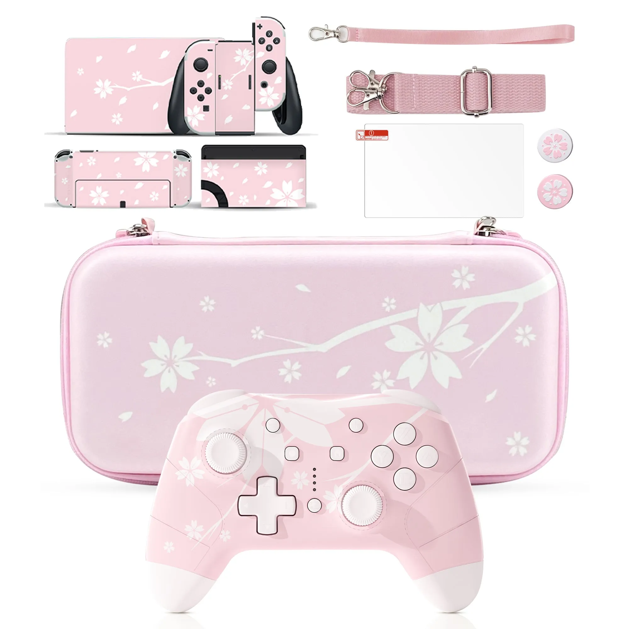 Mytrix Switch OLED Essentials Cherry Theme Bundle: Cherry Pink Wireless Switch Pro Controller, Cherry Case and Accessory 5 in 1 Bundle for Nintendo Switch