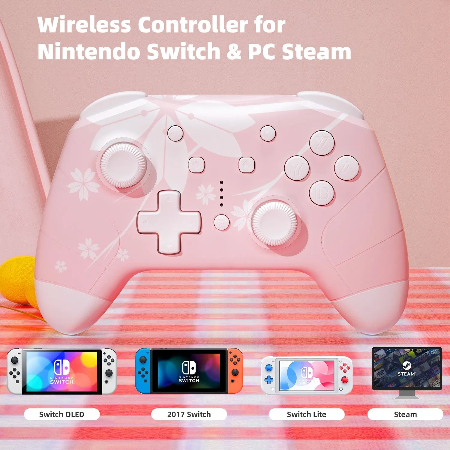 Mytrix Switch OLED Essentials Cherry Theme Bundle: Cherry Pink Wireless Switch Pro Controller, Cherry Case and Accessory 5 in 1 Bundle for Nintendo Switch