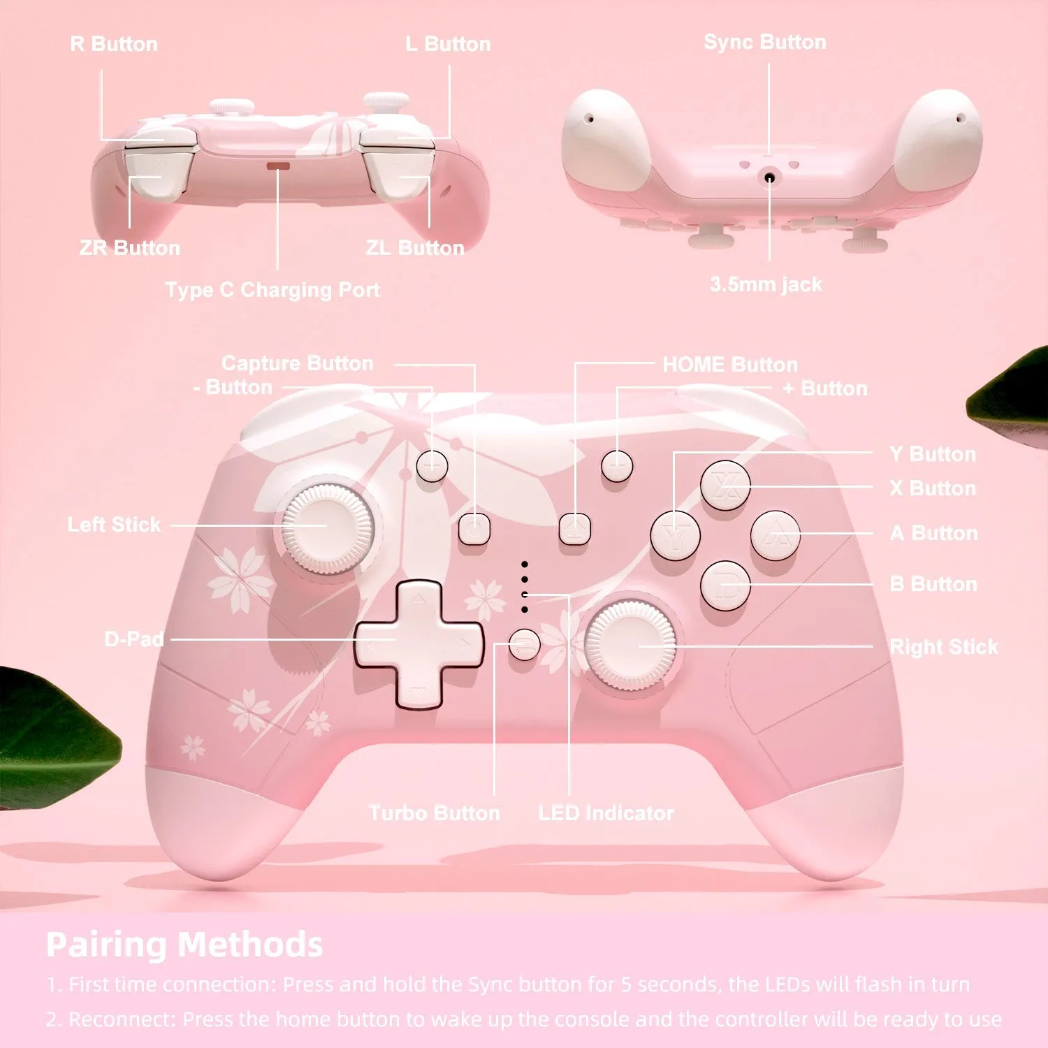 Mytrix Switch OLED Essentials Cherry Theme Bundle: Cherry Pink Wireless Switch Pro Controller, Cherry Case and Accessory 5 in 1 Bundle for Nintendo Switch