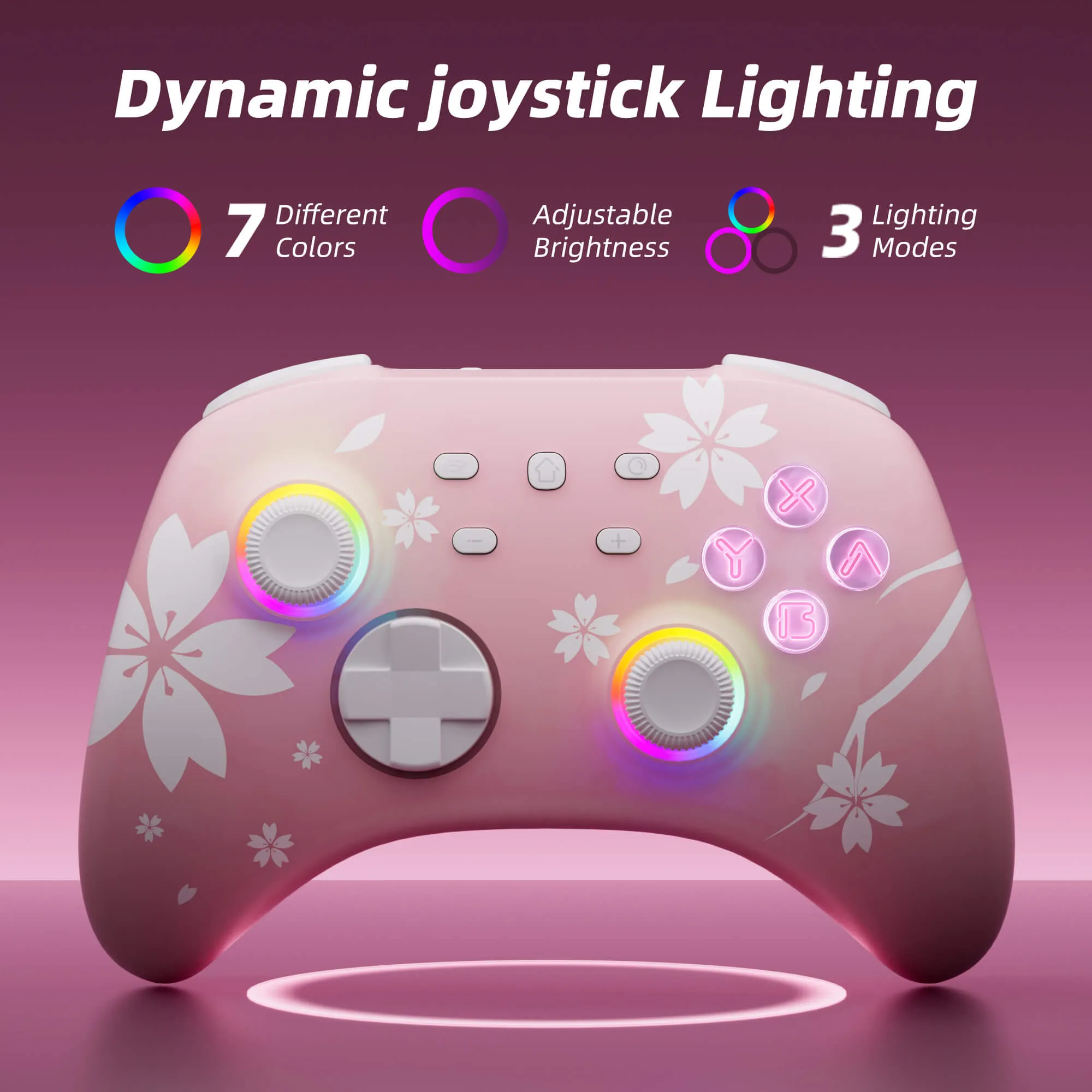 Mytrix Wireless Pro Controllers with Hall Effect Joysticks/Hall Trigger (No Drift) - Sakura Pink Bluetooth RGB Controller for Nintendo Switch/Lite/OLED, Windows PC, Steam, Steam Deck, iOS and Android Devices