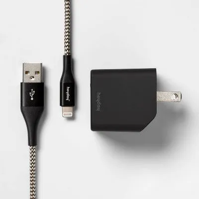 New - 2-Port Wall Charger 15W USB-C & 5W USB-A (with 6' Lightning to USB-A Cable) - heyday Black/Gold