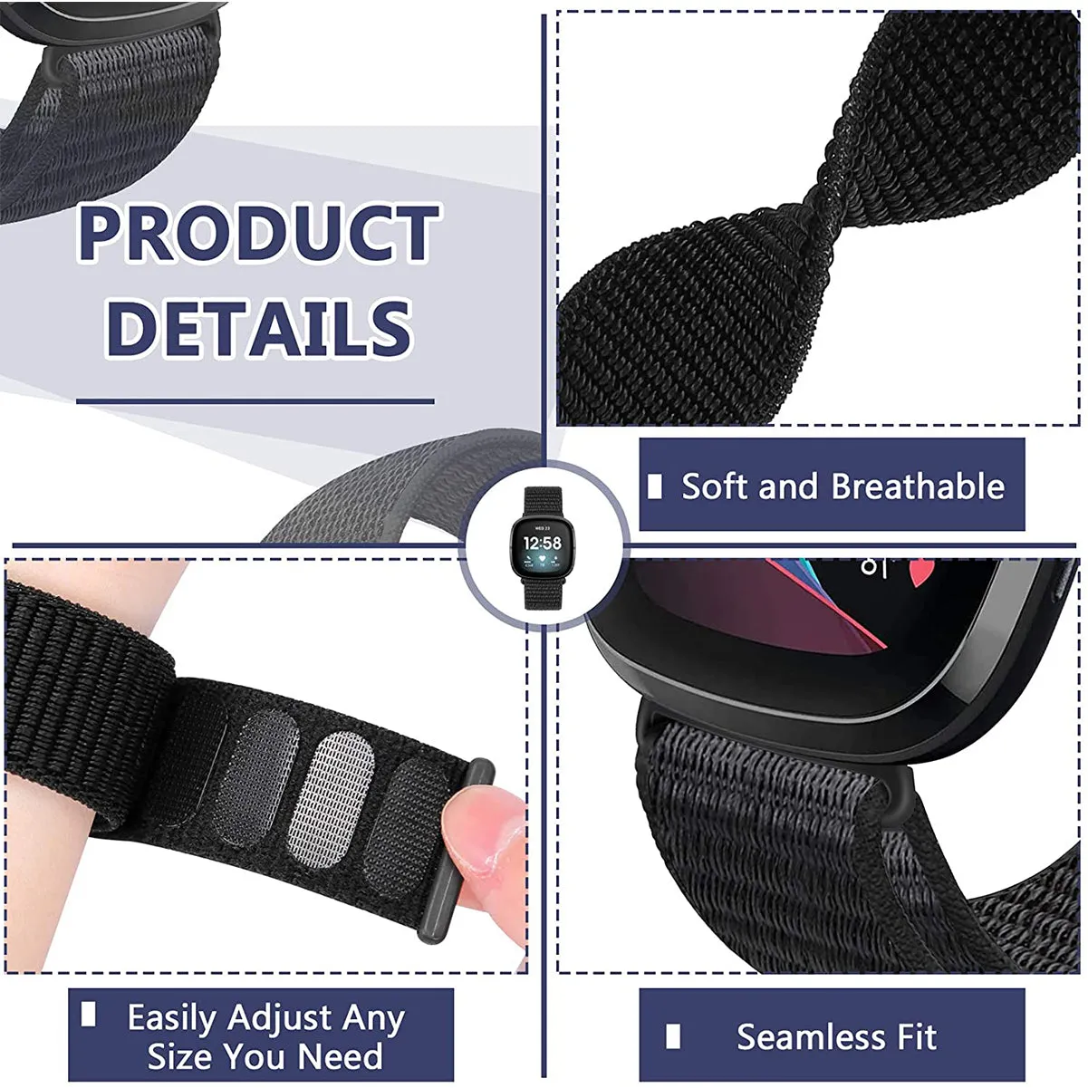 Nylon Strap For Fitbit Sense 1-2/Versa 3-4 Deep Navy