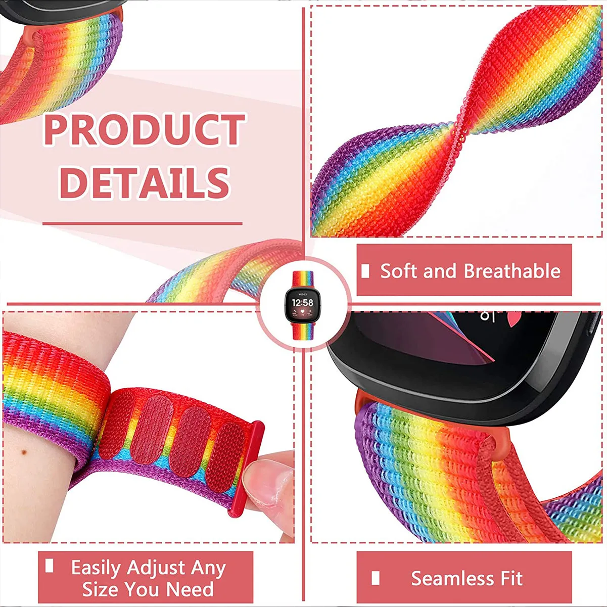 Nylon Strap For Fitbit Sense 1-2/Versa 3-4 Rainbow