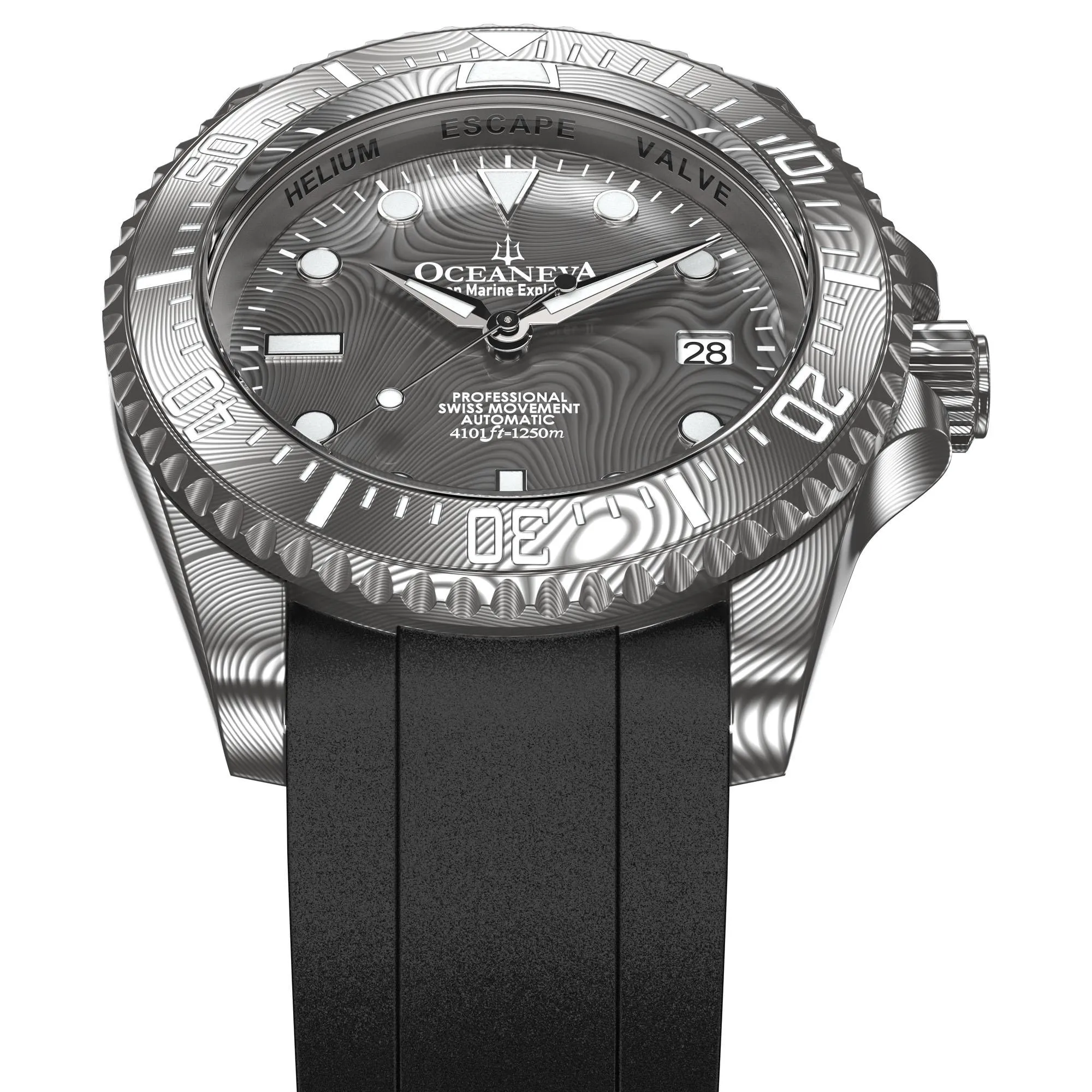 Oceaneva Mens Deep Marine Explorer II Damascus Steel Dial Watch Rubber