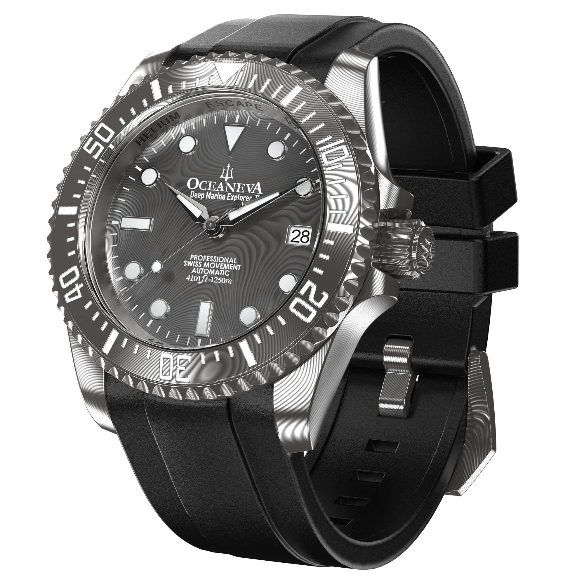 Oceaneva Mens Deep Marine Explorer II Damascus Steel Dial Watch Rubber