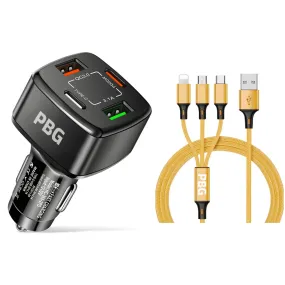 PBG 4 Port Car Charger and 4FT - 3 in 1 Nylon Cable Combo Gold