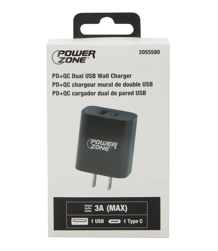 Power Zone CA-43AT PD QC Dual USB Wall Charger, Black